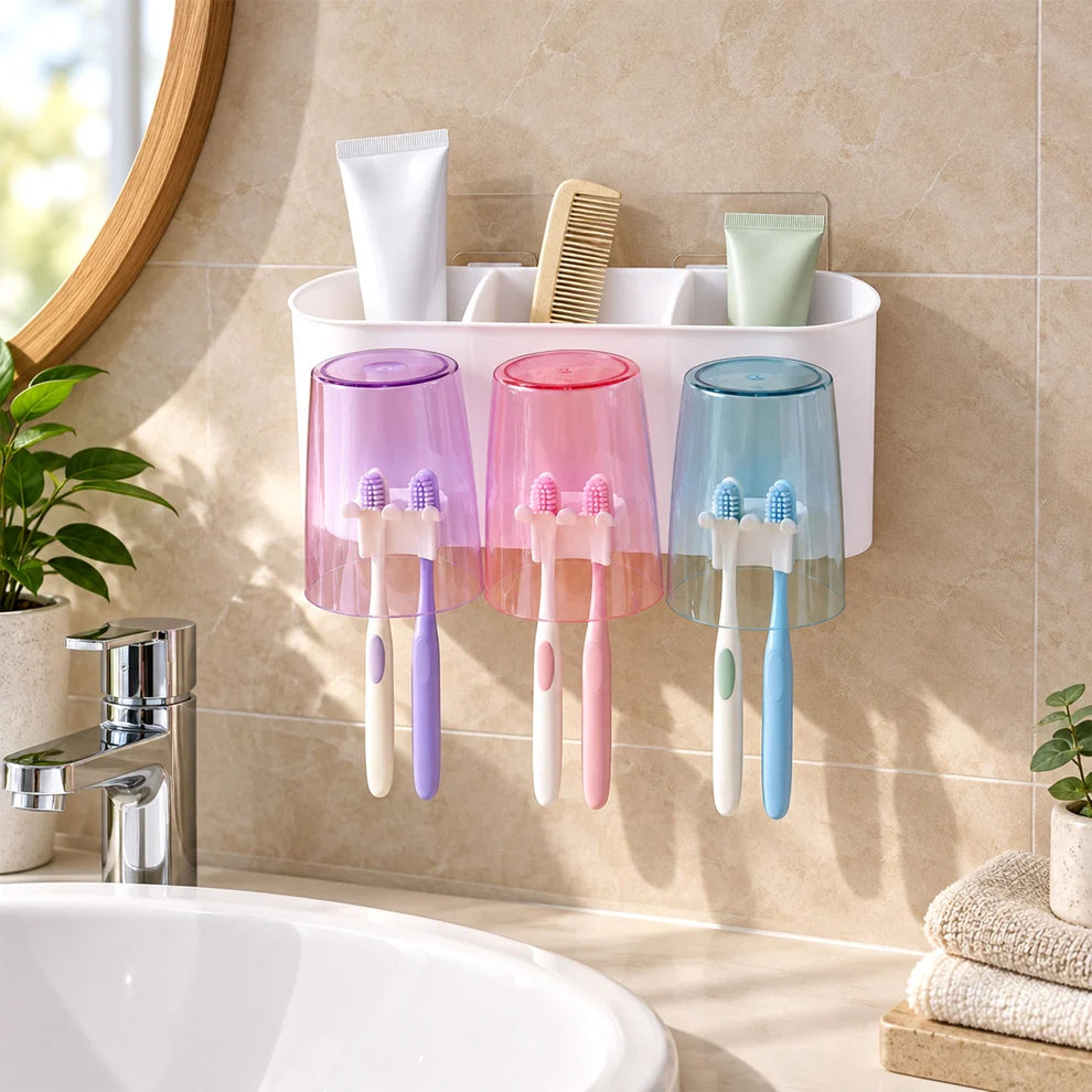 NESTEASE Wall-Mounted Toothbrush Holder with 3 Cups & Storage