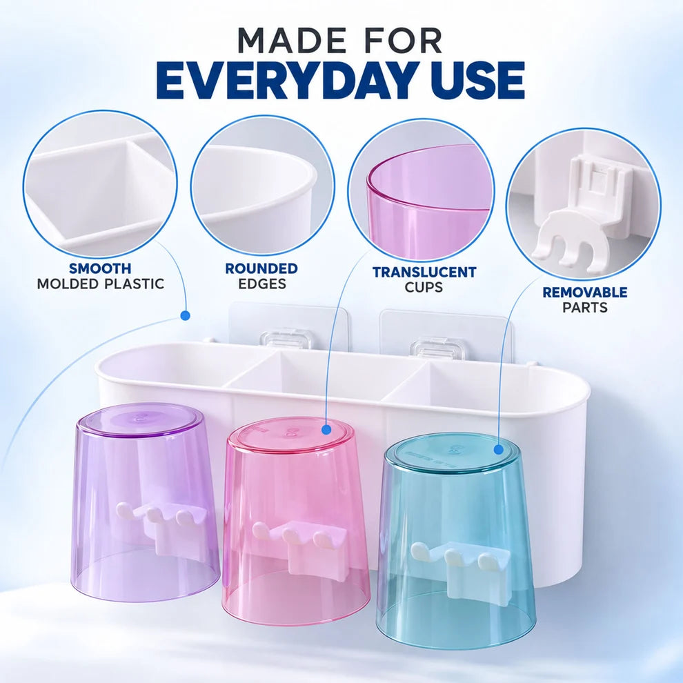 NESTEASE Wall-Mounted Toothbrush Holder with 3 Cups & Storage