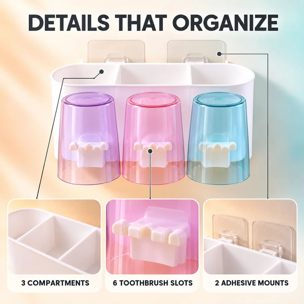 NESTEASE Wall-Mounted Toothbrush Holder with 3 Cups & Storage