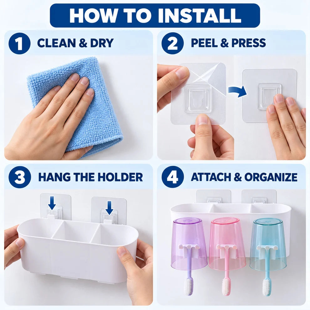 NESTEASE Wall-Mounted Toothbrush Holder with 3 Cups & Storage
