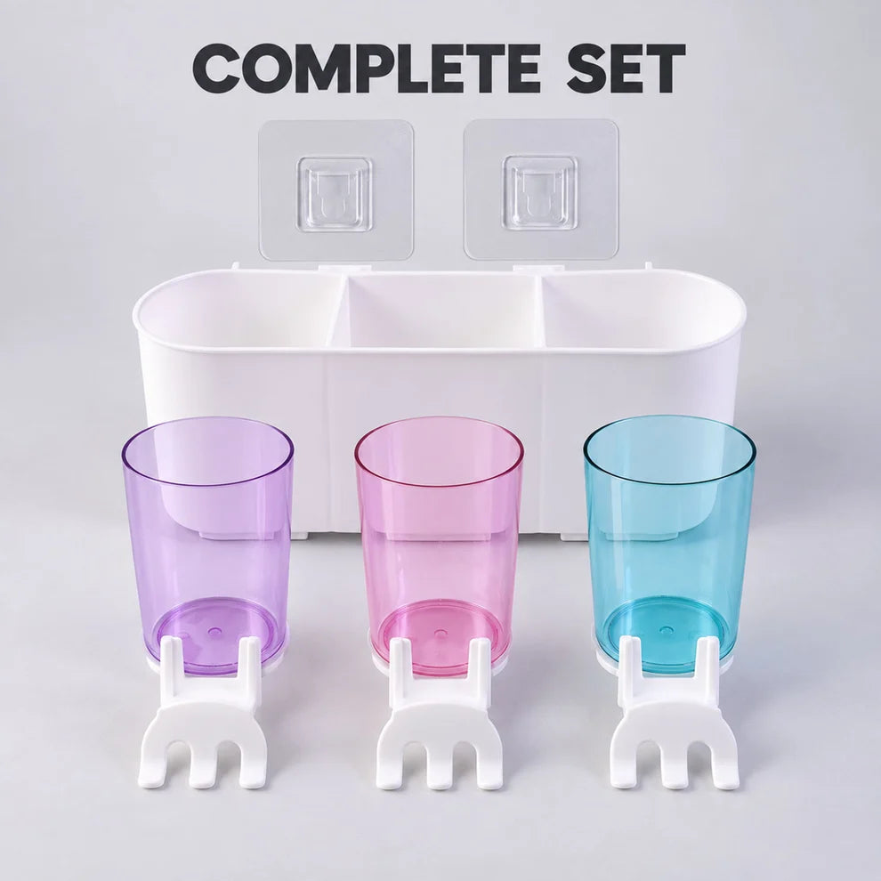 NESTEASE Wall-Mounted Toothbrush Holder with 3 Cups & Storage